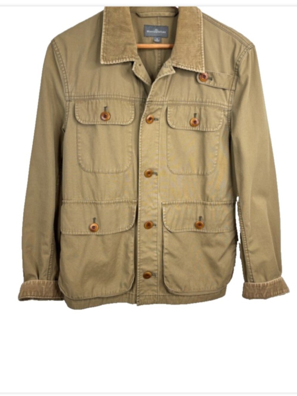 LL Bean Signature Mens Canvas Field Coat Jacket S Tan Corduroy Collar Barn Chore